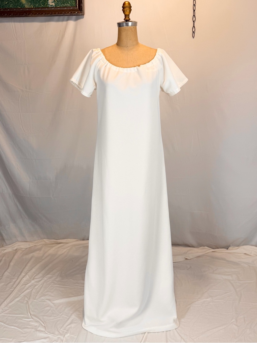 VINTAGE 70s white long maxi gown dress short sleeve scoop neckline minimalist - Picture 5 of 8